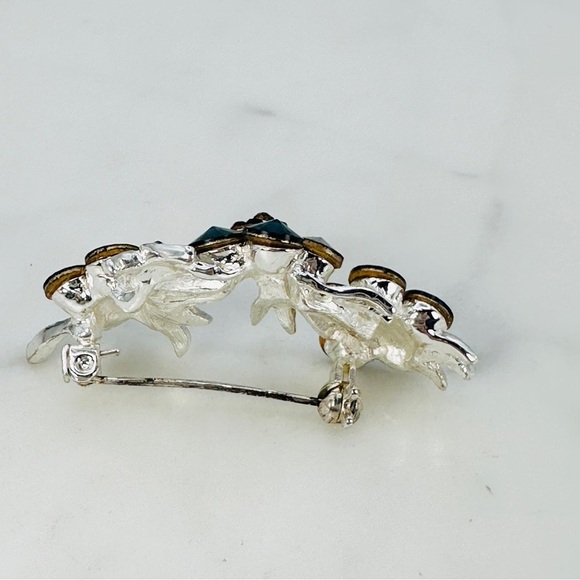 Vintage Rhinestone Brooch Pin Deep Blue Glass Rivoli Flower Swag Silver Tone - Picture 9 of 12